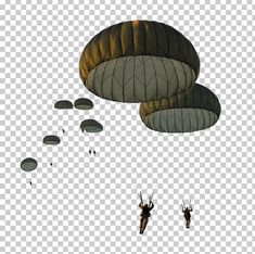 two parachutes flying in the sky with people parachuting behind them transparent background