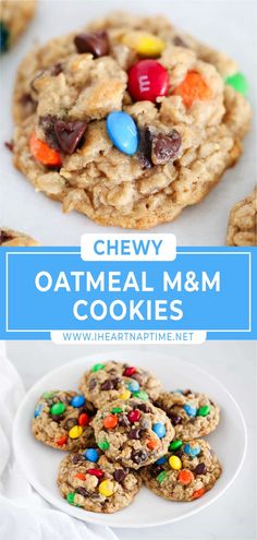 chewy oatmeal m & m cookies on a white plate with text overlay