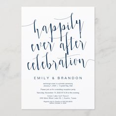 the happily ever after celebration card is shown in black ink on a white marble background