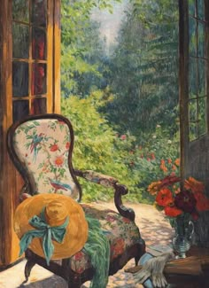 a painting of a chair in front of an open window with flowers on the floor