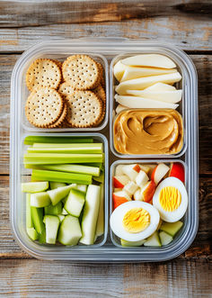 High protein meal prep lunchable with egg, cheese slices, crackers, apple, celery and a container filled with peanut butter Hi Protein Snacks, Protein Lunches, Family Lunches, Protein Snacks Recipes, Bistro Box