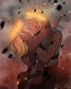 an image of a man and woman hugging in the rain with fire coming out of their mouths