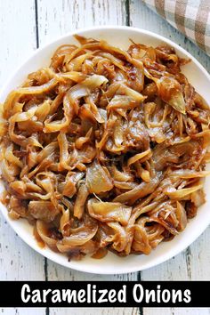 caramelized onions in a white bowl on top of a checkered table cloth