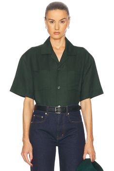 55% linen 45% viscose.  Made in China.  Dry clean only.  Front button closure.  Chest slip pockets.  Lightweight linen fabric.  .  .  .  .  .  .  .  .  .  . Made In China, Linen Shirt, Forest Green, Linen Fabric, Dark Green, Top Shirt, Dry Clean, Forest, Womens Tops