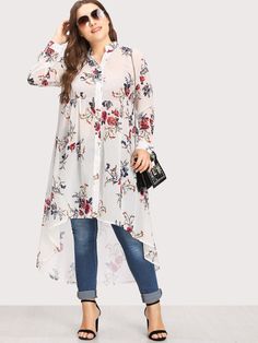 Floral Print Dip Hem Blouse -SheIn(Sheinside) Dip Hem Blouse, Women Dresses Classy, Hem Blouse, Elegante Casual, Fashion Attire, Plus Size Fashion For Women, Plus Size Womens Clothing, Western Dresses