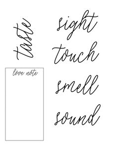 some type of handwriting that is on top of a piece of paper with the words sight, touch, smell and sound