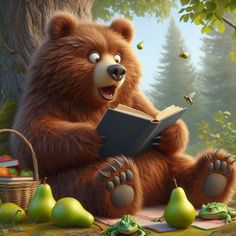 a bear is reading a book in the forest with pears and apples around him