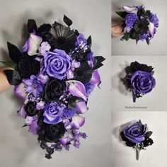 purple and black bridal bouquets are being held by someone's hand with scissors