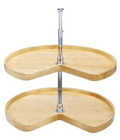 three tiered wooden tray with metal handles on each side and two circular sections at the bottom