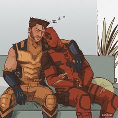 two people sitting on a couch, one wearing a deadpool suit and the other in armor