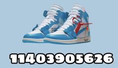 a pair of blue and white sneakers with red ribbon on the side, against a light blue background