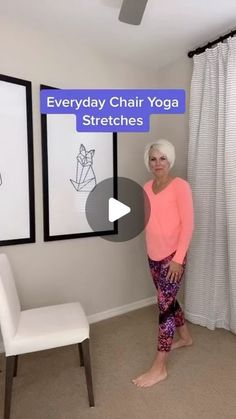 an older woman standing in front of a yoga mat with the words everyday chair yoga stretches