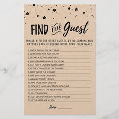 a printable wedding game with the words find the guest and stars in black ink