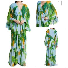 Nwt Maxi Dress Brand: Farm Rio Size: Small Color: Blue/Green Material: 100% Viscose Tiered Long Butterfly Sleeve Maxi Dress. Plunging, Deep V Neckline Invisible Side Zipper Tropical, Boho Summer, Spring, Cruise, Vacation, Resort, Island Tag- Anthropology Blue Tropical Dress For Beach Cover-up, Tropical Blue Maxi Dress For Beach, Tropical Blue Maxi Dress For Brunch, Flowy Blue Tropical Print Dress, Farm Rio, Butterfly Sleeves, Boho Summer, Maxi Dress With Sleeves, Dress Brands