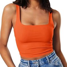 Artfish Women's Sleeveless Strappy Seamless Crop Tank Tops Square Neck Workout Fitness Basic Cropped Camis Burnt Orange, L at Amazon Women’s Clothing store Basic Crop Tops, Basic Crop Top, Orange Tank Top, Sleeveless Tee, Cami Crop Top, Summer Tank Tops, Sleeveless Crop Top, Sleeveless Vest, Sleeveless Tank Top