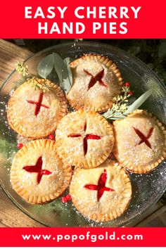 easy cherry hand pies on a platter with text overlay that reads easy cherry hand pies