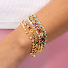 Enhance your outfit with our "Having A Moment" Tennis Bracelet. A unique combination of various gemstones, this bracelet exudes fun, luxury, and vibrant colors. Stand out from the crowd with this one-of-a-kind accessory. 7.5” length 14k gold filled over sterling silver Trend Jewelry, Herringbone Necklace, Solid Gold Earrings, Pearl Collection, Gold Filled Ring, Gold Filled Earrings, Anklet Bracelet, Earring Sale, Rings Necklaces