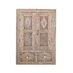 an old wooden cabinet with intricate carvings on the doors and drawer drawers, isolated against a white background