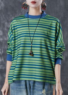 Style Green Oversized Striped Cotton Sweatshirt Streetwear SpringFabric: Cotton BlendedSize & Fit: Fit: This garment fits true to size.Length: Size XL measures 24.18"from shoulder to hemBust: Great for any cup size. Waist: Loose Fit. Comfortable room throughout midsection.Hip: Loose Fit - room for hips. Hand Wash Cold. Green Oversized Long Sleeve T-shirt, Two Piece Sets Summer, Streetwear Spring, Sweatshirt Streetwear, Spring Fabric, Comfortable Room, Denim Patchwork, Cotton Scarf, Chiffon Shirt