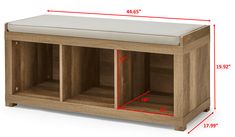 a wooden bench with two compartments and a cushion on the top, measurements for each seat