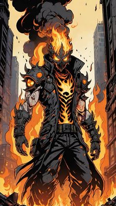 an image of a man with flames coming out of his face in front of some buildings