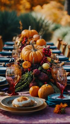 a table set with plates, glasses and pumpkins