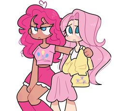 two cartoon girls with pink hair, one holding a yellow bag and the other looking at her