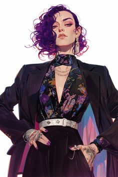 a drawing of a woman with purple hair wearing a black dress and jacket, holding her hands on her hips