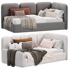 two beds with pillows and blankets on them, one in grey and the other in white