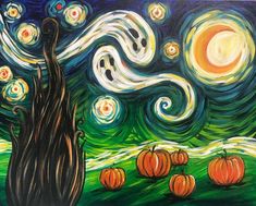 a painting of pumpkins in the grass under a night sky with stars and swirls