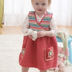 Bernat Jumper Dress, 18 mos | Yarnspirations Jumper Dress Pattern, Cute Jumpers, Crochet Baby Sweater, Crochet Jumper, Baby Crochet Patterns Free, Dress Patterns Free, Crochet Abbreviations, Crochet Baby Dress, Frocks For Girls