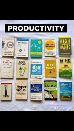 a bunch of books that are sitting on a table with the words productivity above them