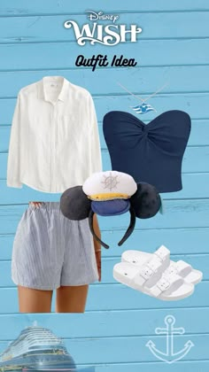 an advertisement for disney's wish outfit idea featuring mickey mouse hat, shirt and shorts