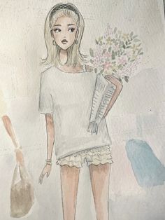 a drawing of a woman holding a bouquet of flowers