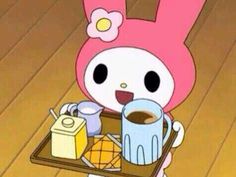 a cartoon character holding a tray with food on it and coffee in the other hand