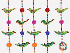 the colorful birds are hanging from the beads