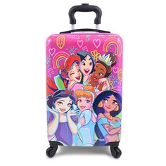 This Disney Princess ABS Hardside Carry-On Spinner Suitcase is a lovely pick for any Disney fan. The purple suitcase is brightened with appealing artwork of various Disney princesses on the front and doodle print on the back. Made of lightweight ABS material, it also has four spinner wheels and an adjustable handle for mobility. A zippered fastening runs around the three sides of the suitcase, and there are two spacious compartments with zippers, pockets and straps to keep their things neatly or Disney Suitcase, Purple Suitcase, Minnie Mouse Red, Cute Suitcases, Spinner Suitcase, American Tourister, Carry On Suitcase, Mermaid Birthday Party