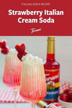 strawberry italian ice cream soda in two glasses with strawberries on top and the text overlay