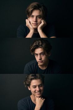 three different shots of a young man with his hands on his face and the other half of