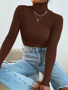 Solid Color Turtleneck Sweater Coffee Brown Casual  Long Sleeve Fabric Plain Basic Tops High Stretch Spring/Fall Women Clothing, size features are:Bust: ,Length: ,Sleeve Length: Coffee Sweater, Pullover Outfit, Sweater Collection, High Neck Long Sleeve, Ribbed Knit Sweater, Knit Jumper, Look Chic