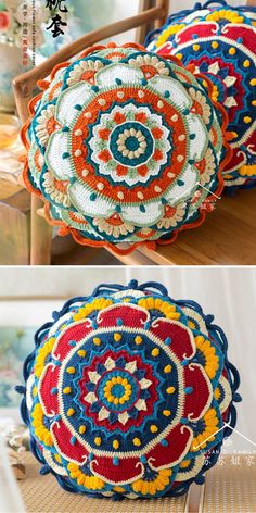 crocheted pillows made with yarn are shown in three different colors and sizes, one is