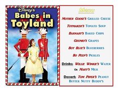 the menu for baby's in toyland features an image of a man and woman