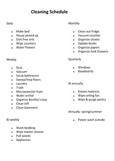 the cleaning schedule is shown in black and white