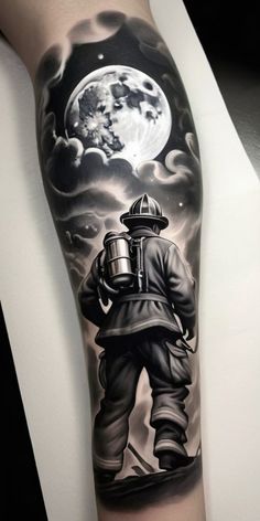 a man with a fireman's helmet on his arm is standing in front of the moon