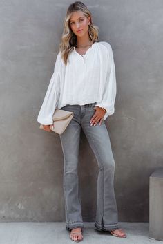 White Solid Color V Neck Balloon Sleeve Shirt Trendy Gray Spring Blouse, Casual Gray Blouse For Fall, Casual Gray Cotton Blouse, Gray Cotton Blouse For Fall, Casual Gray V-neck Blouse, Casual Gray Button-up Blouse, Casual Gray Blouse For Day Out, Chic Gray Cotton Blouse, Casual Gray Workwear Blouse