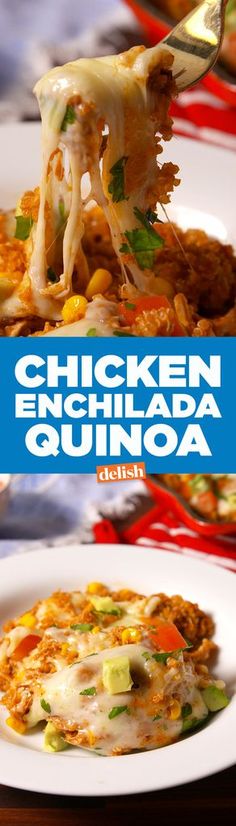 chicken enchilada quinoa is being served on a white plate