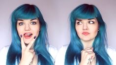 a woman with blue hair is making a funny face