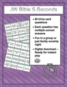 the jw bible 5 - seconds card game is shown in purple and green