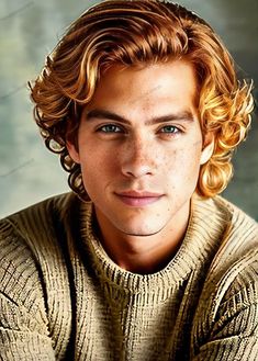 a young man with curly hair and blue eyes