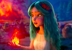 a woman with green hair holding a fireball in her hand